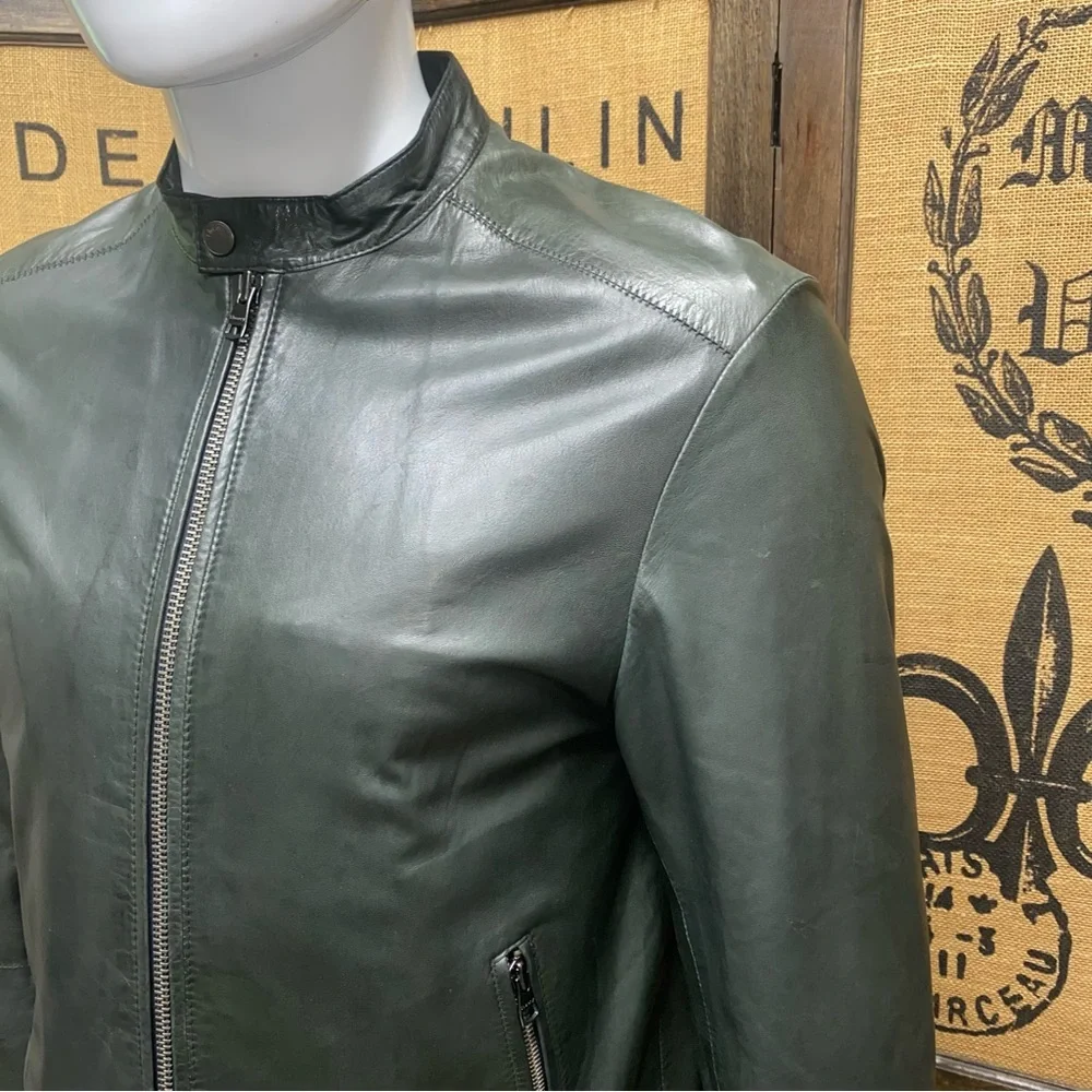 Theory Men's Dark Green Leather Zip Up Jacket, M - Picture 2 of 12